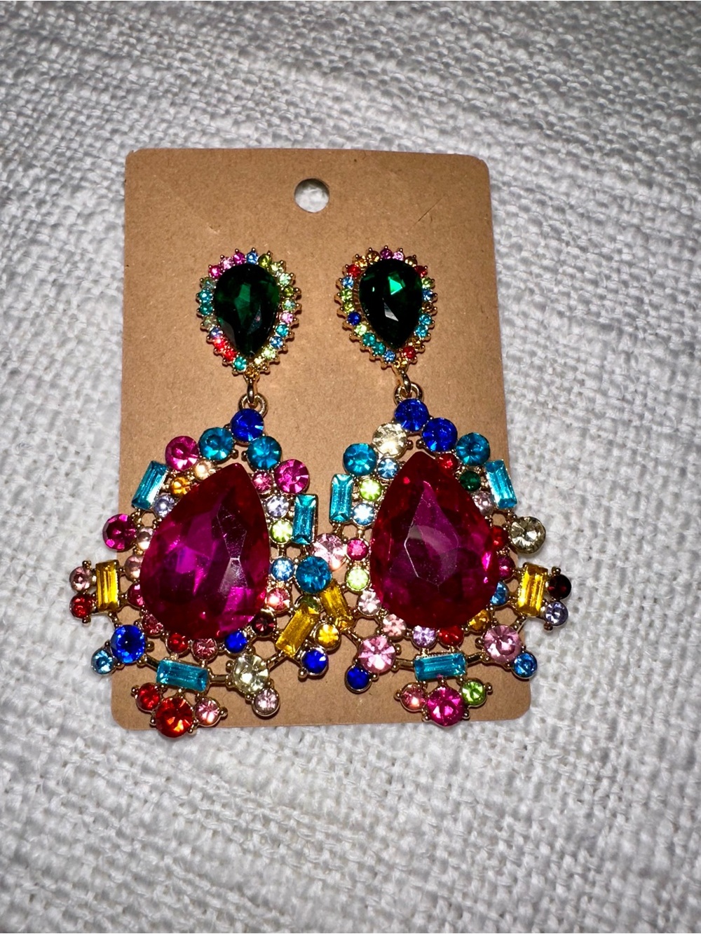 Multicolor Gem Teardrop Statement Earrings - Pink & Multicolor
